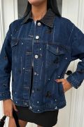 Yaka Siyah Garni Pul Payet Taşlı Oversize Denim Ceket 6125 resmi
